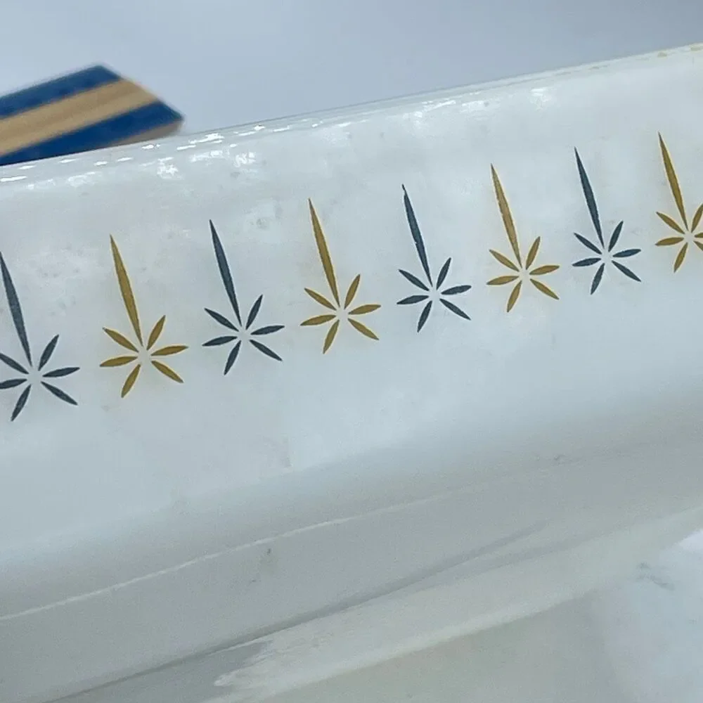 Vintage Fire-King loaf pan “Candle Glow” pattern Anchor Hoking 1960.